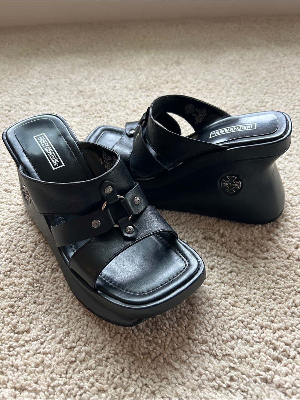 Harley-Davidson Rare Vintage Y2K Black Leather Platform Wedge Sandals